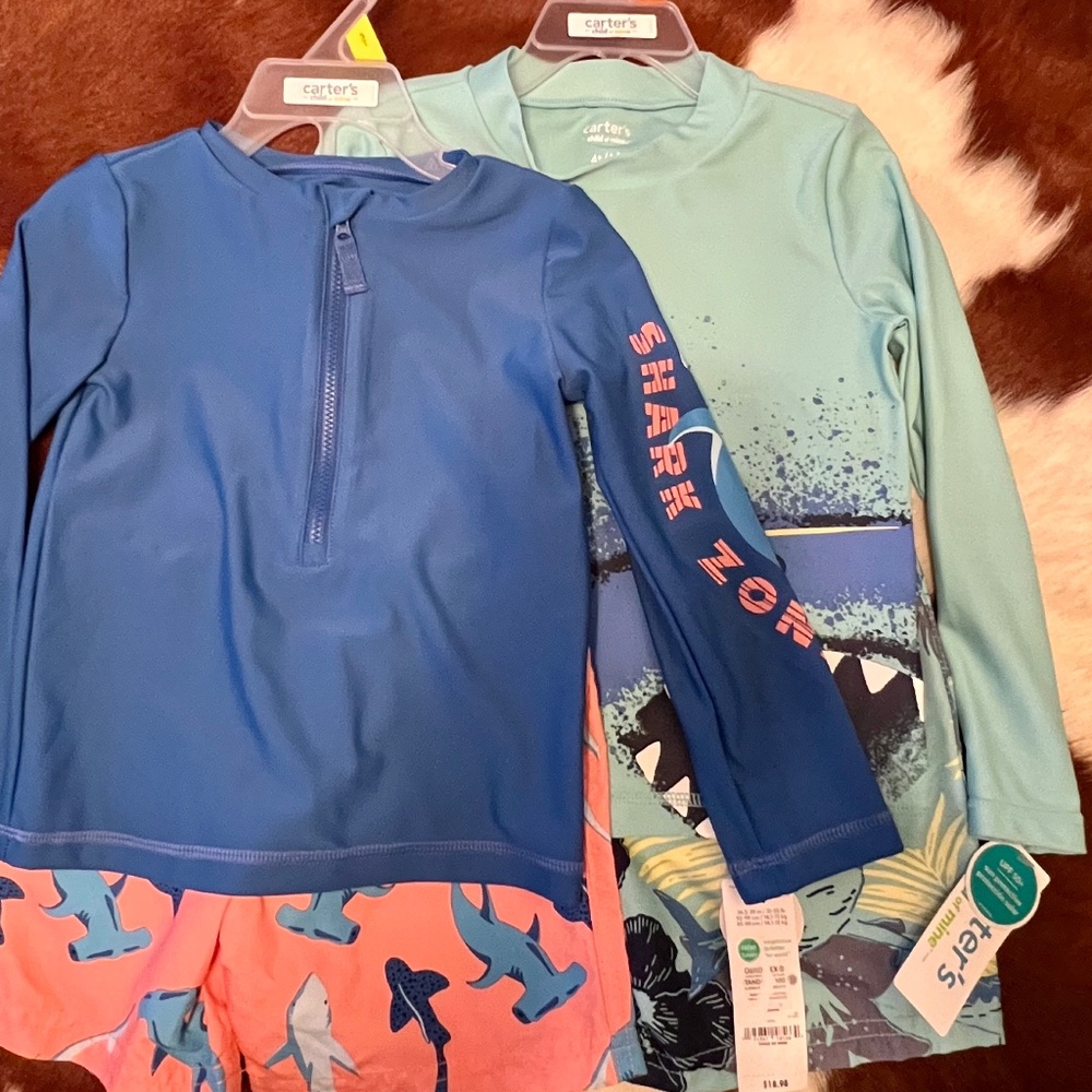 4 Piece Swim Trunks and Long Sleeve Swim Shirt Bathing Suit for Boys